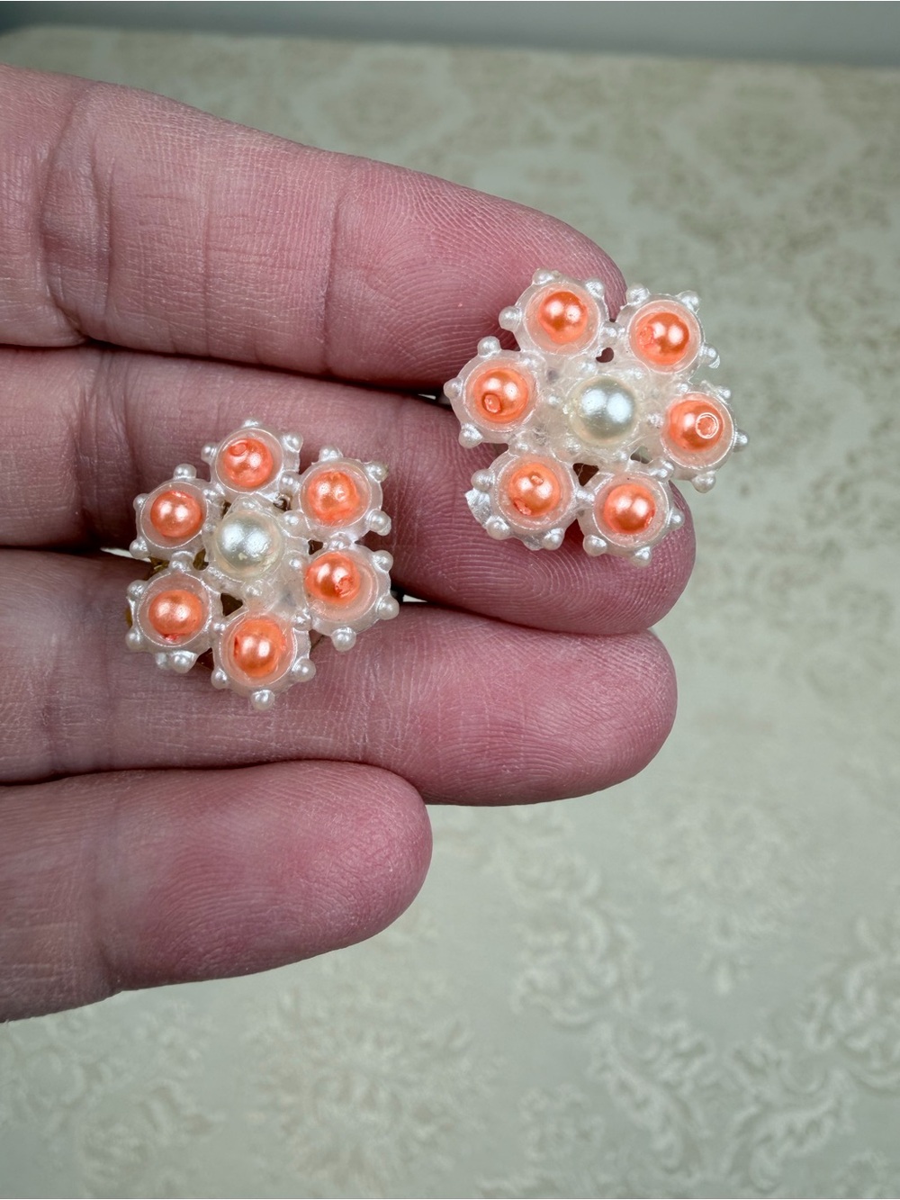 Vintage Beaded Floral Cluster Earrings in Coral and Cream, Screwback, Unpierced